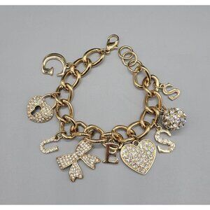 Guess Gold Tone Clear Rhinestone Heart Bow Dangle Charm Chain Link Bracelet B1A